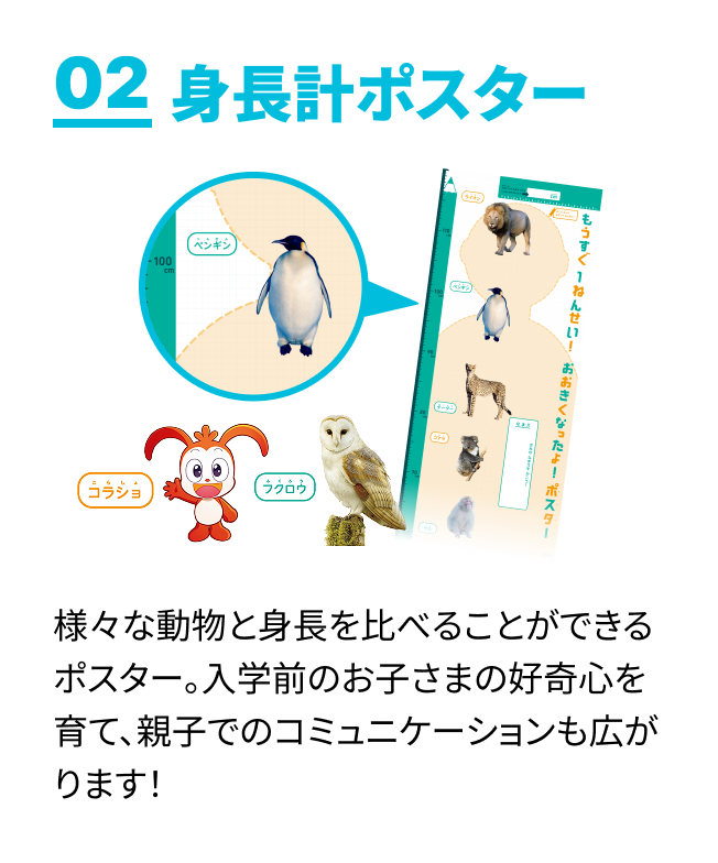 様々な動物と身長を比べることができるポスター。入学前のお子さまの好奇心を育て、親子でのコミュニケーションも広がります！