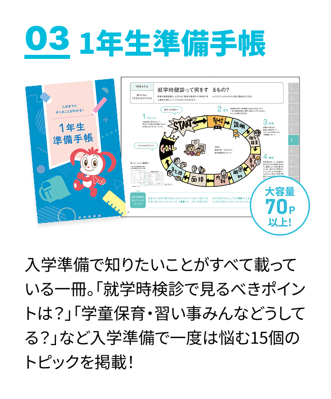 入学準備で知りたいことがすべて載っている一冊。「就学時検診で見るべきポイントは？」「学童保育・習い事みんなどうしてる？」など入学準備で一度は悩む15個のトピックを掲載！