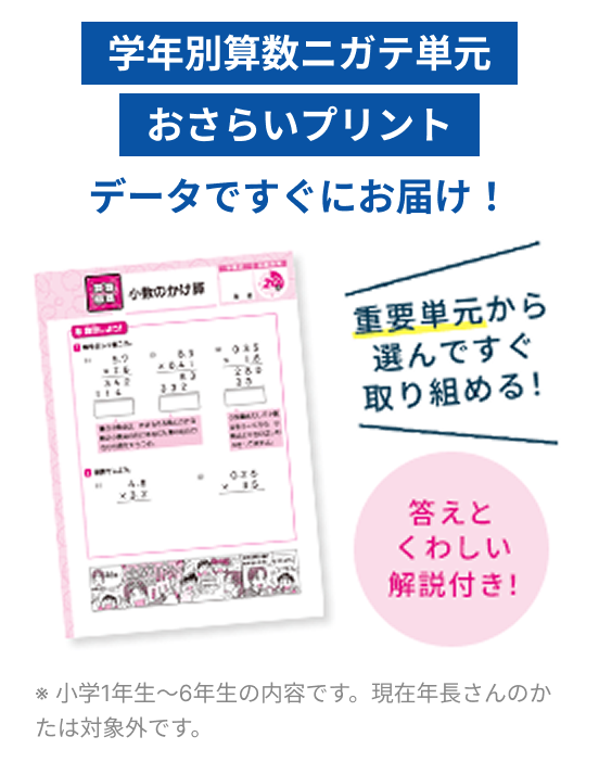 学年別算数ニガテ単元おさらいプリントデータですぐにお届け！