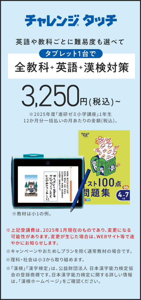 英語や教科ごとに難易度も選べてタブレット1台で全教科+英語+英検®対策 漢検対策 3,250円~