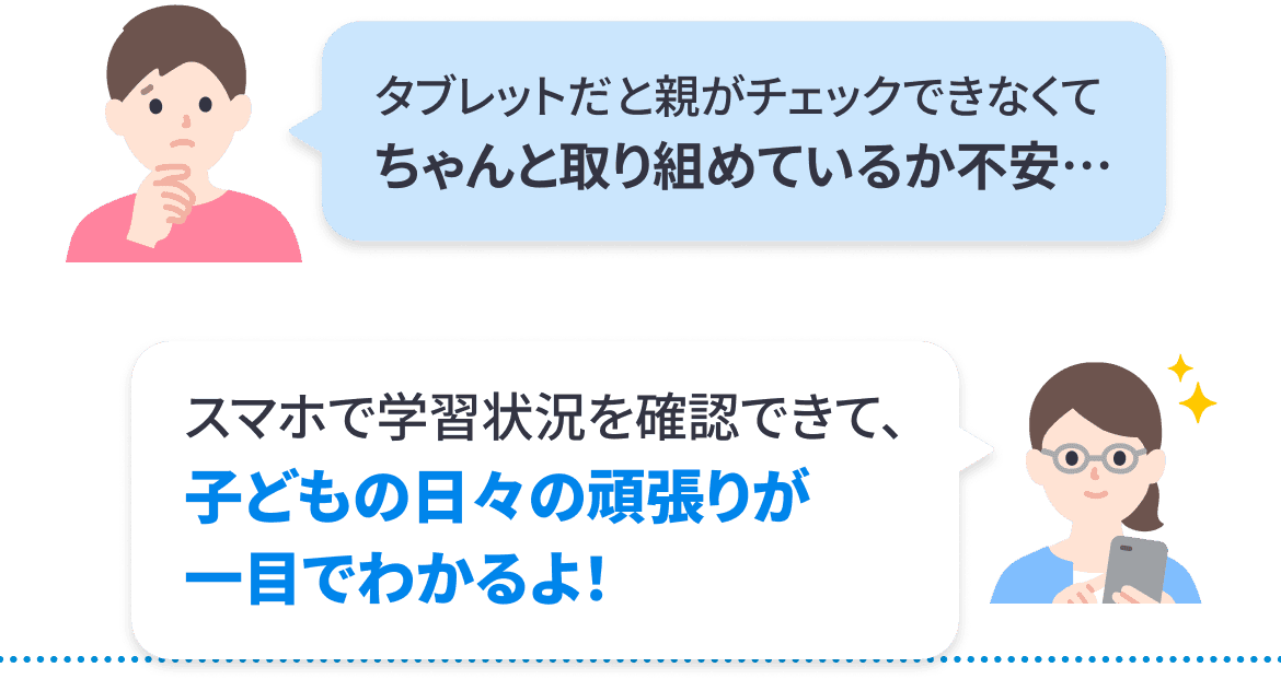 タブレットだと親がチェックできなくてちゃんと取り組めているか不安 スマホで学習状況を確認できて子供の日々の頑張りが一目でわかるよ