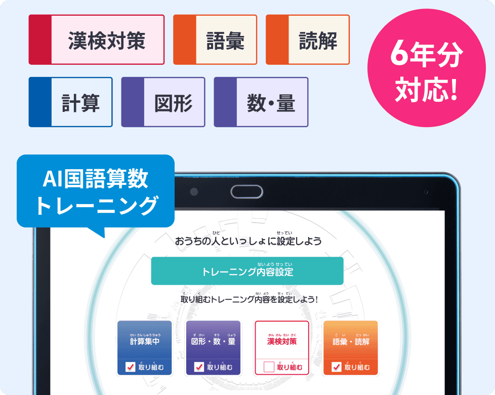 AI国語算数トレーニングは漢検対策、語彙、読解、計算、図形、数・量の6年分の学習に対応
