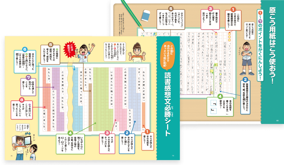 原稿用紙の使い方や読書感想文の構成がわかる読書感想文必勝シートも