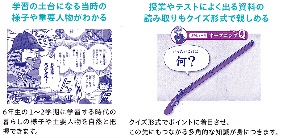 学習の土台になる当時の様子や重要人物がわかる：6年生の1〜2学期に学習する時代の暮らしの様子や主要人物を自然と把握できます。　授業やテストによく出る資料の読み取りもクイズ形式で親しめるはやしーの オープニングQいったいこれは 何？：クイズ形式でポイントに着目させ、この先にもつながる多角的な知識が身につきます。