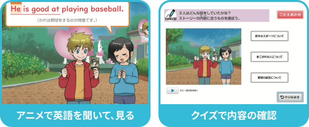 アニメで英語を聞いて、見る／クイズで内容の確認