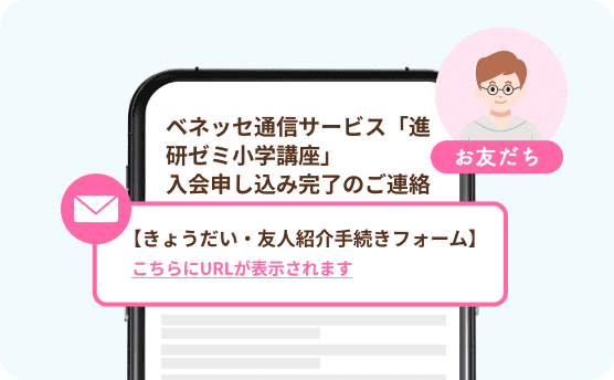 ベネッセ通信サービス「進研ゼミ小学講座」入会申し込み完了のご連絡お友だち【きょうだい・友人紹介手続きフォーム】こちらにURLが表示されます