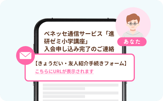 ベネッセ通信サービス「進研ゼミ小学講座」入会申し込み完了のご連絡お友だち【きょうだい・友人紹介手続きフォーム】こちらにURLが表示されます