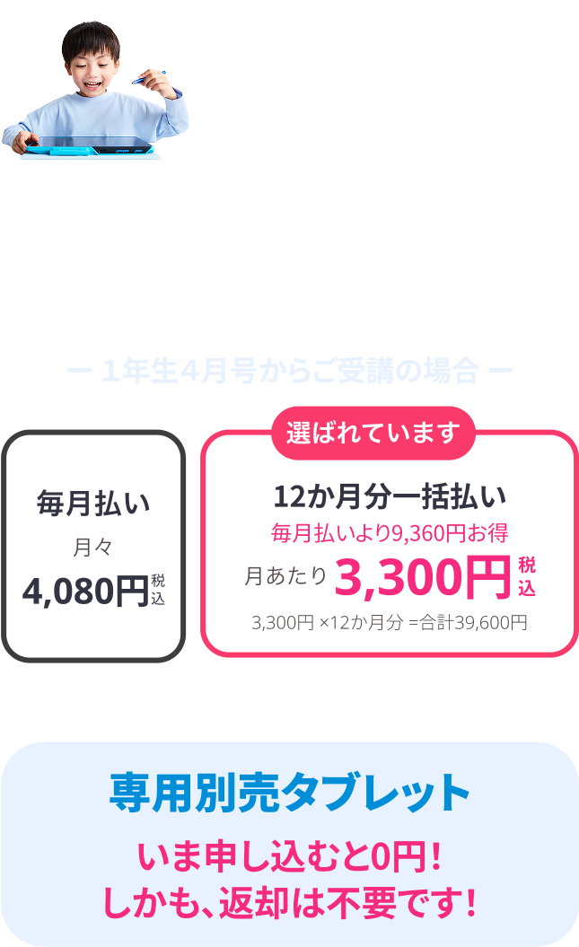チャレンジ®タッチ　専用タブレットを中心に、動画や音声によって理解・演習・定着。学習ペースをつくりやすいスタイルです。