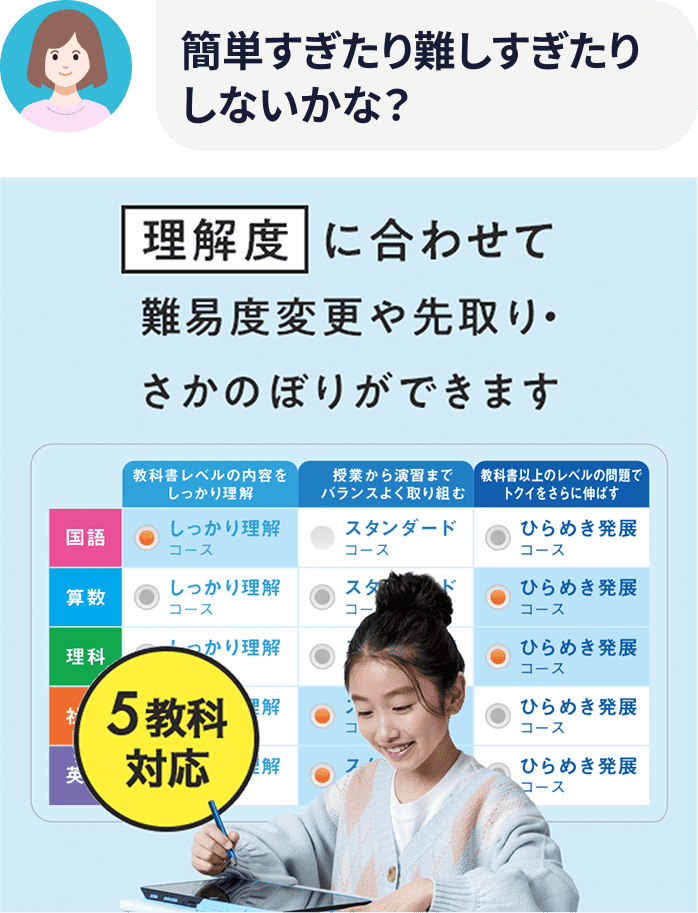 簡単すぎたり難しすぎたりしないかな？　理解度に合わせて難易度変更や先取り・さかのぼりができます