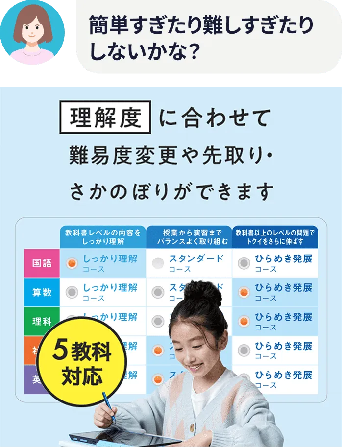 簡単すぎたり難しすぎたりしないかな？　理解度に合わせて難易度変更や先取り・さかのぼりができます