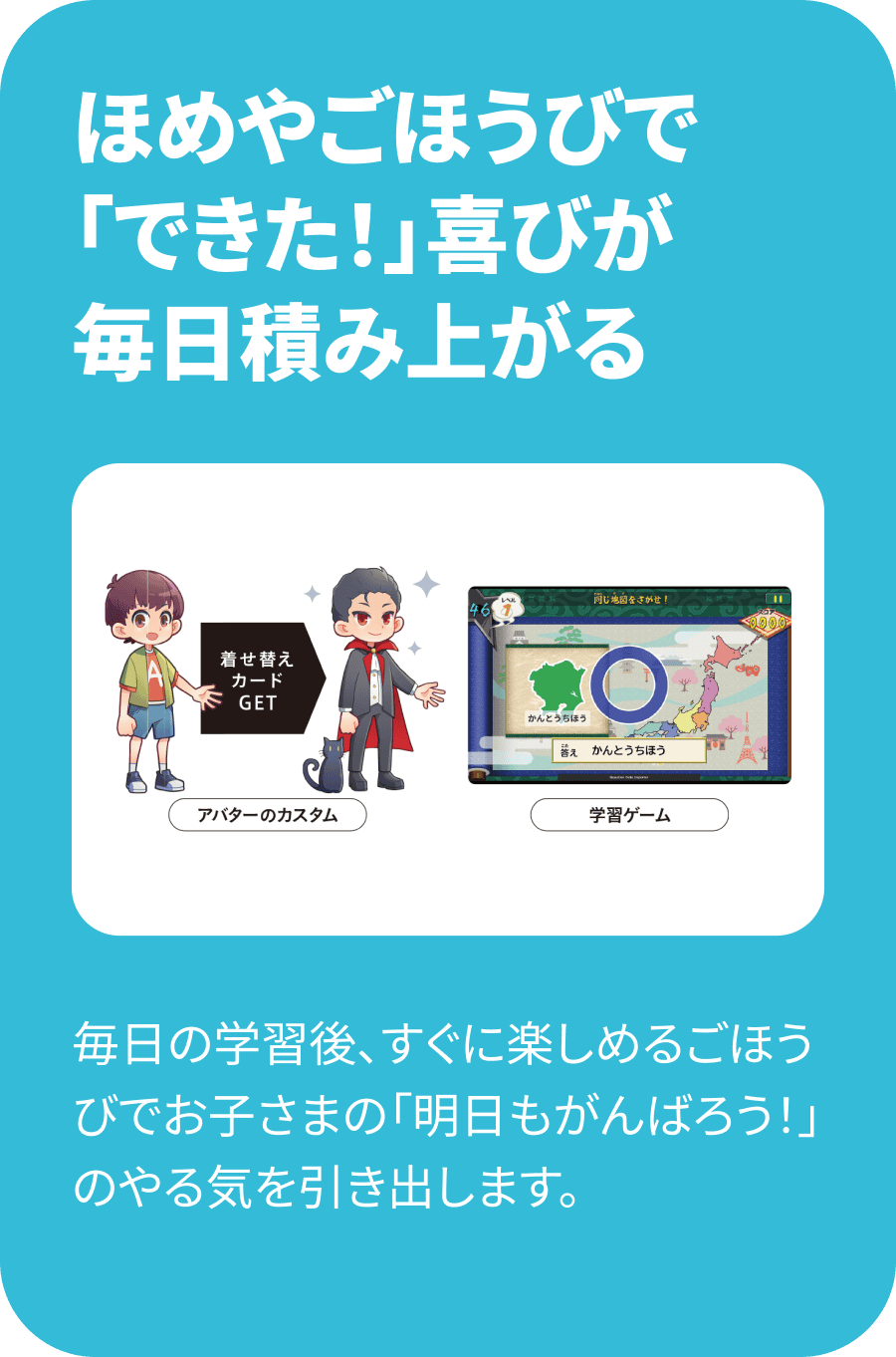 ほめやごほうびで「できた！」喜びが毎日積み上がる お子さま一人ひとりの小さながんばりや「できた！」を見逃さず、丁寧にほめるコミュニケーションで、お子さまがもっとやる気に！