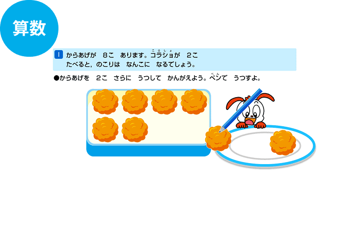 算数の学習画面（たし算の考え方をイラストで学ぶ問題）
