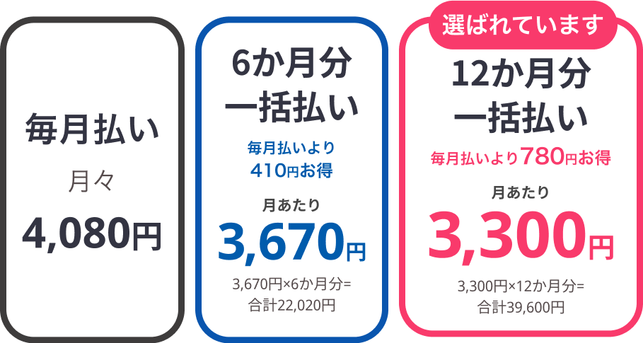 毎月払い月々4,080円　6ヵ月分一括払い　月あたり3,670円　毎月払いより410円お得　12ヵ月分一括払い　月あたり3,300円　毎月払いより780円お得