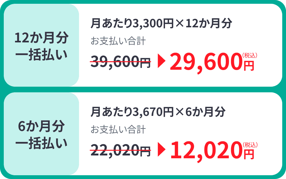 12か月分一括払い29,600円 6か月分一括払い12,020円
