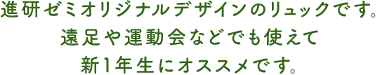 進研ゼミオリジナルデザインのリュックです。遠足や運動会などでも使えて新１年生にオススメです。