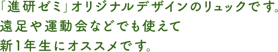 進研ゼミオリジナルデザインのリュックです。遠足や運動会などでも使えて新１年生にオススメです。