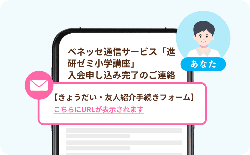 ベネッセ通信サービス「進研ゼミ小学講座」入会申し込み完了のご連絡お友だち【きょうだい・友人紹介手続きフォーム】こちらにURLが表示されます