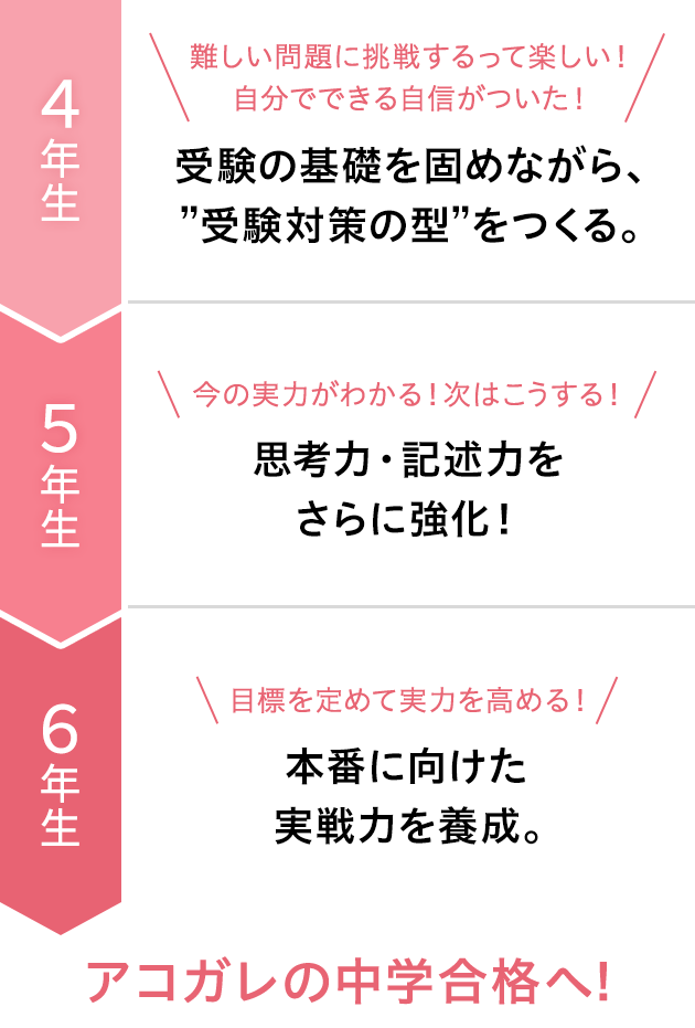 4年生 受検の基礎を固めながら、”受験対策の型”をつくる。 5年生 思考力・記述力をさらに強化！ 6年生 本番に向けた実戦力を養成。