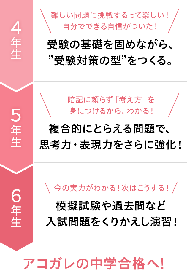 4年生 受検の基礎を固めながら、”受験対策の型”をつくる。 5年生 思考力・記述力をさらに強化！ 6年生 本番に向けた実戦力を養成。