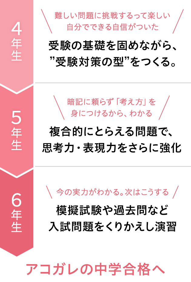 4年生 受検の基礎を固めながら、”受験対策の型”をつくる。 5年生 思考力・記述力をさらに強化！ 6年生 本番に向けた実戦力を養成。