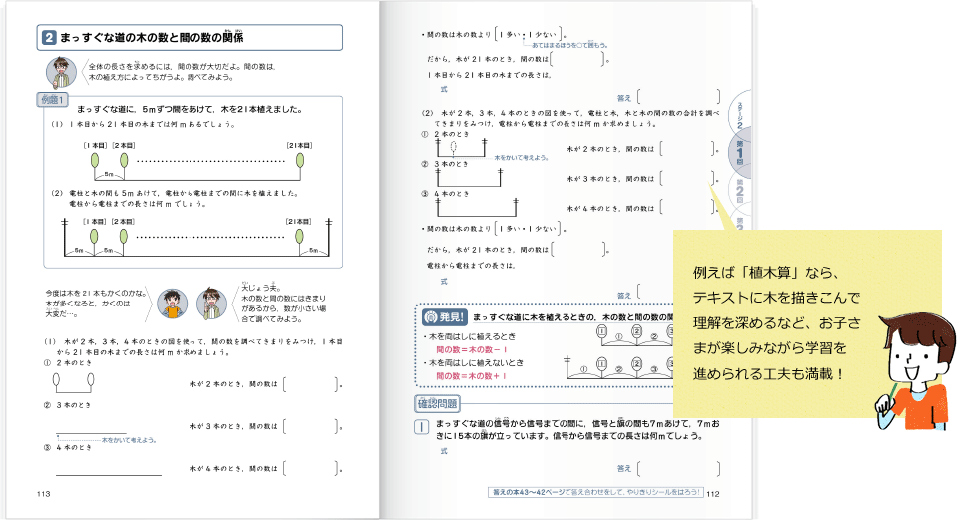 例えば「植木算」なら、テキストに木を描きこんで理解を深めるなど、お子さまが楽しみながら学習を進められる工夫も満載!