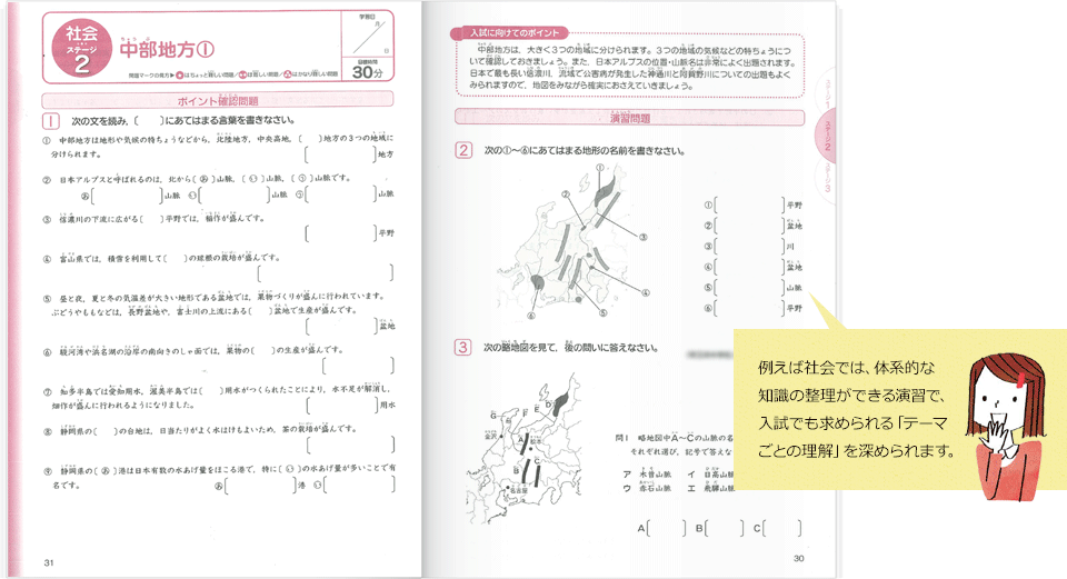 例えば社会では、体系的な知識の整理ができる演習で、入試でも求められる「テーマごとの理解」を深められます。