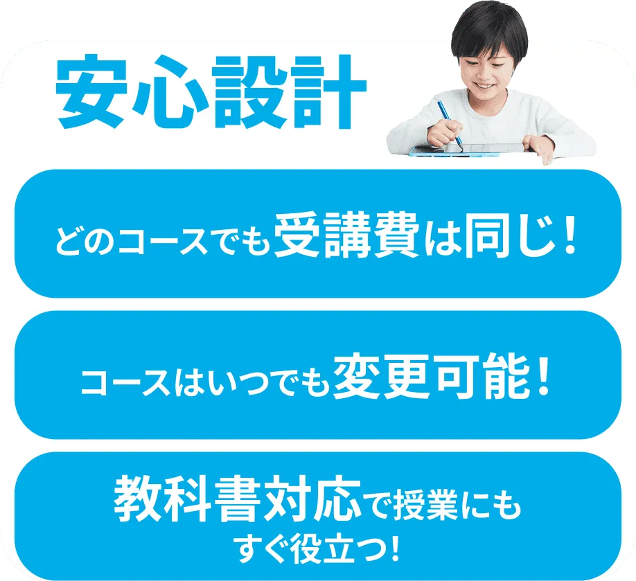 安心設計　どのコースでも受講費は同じ！/どのコースでも丁寧な解説つき！/コースはいつでも変更可能！