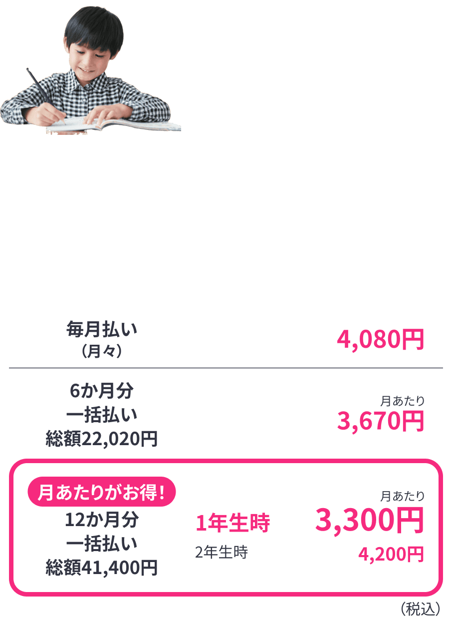 チャレンジ®　紙の教材を中心に、自分で問題文を読み、考え、書く。自分のペースで取り組む学習スタイルです ー １年生４月号からご受講の場合 ー 毎月払い月々4,080円 6か月分一括払い 毎月払いより410円お得月あたり3,670円 3,670円×6か月分=合計22,020円 選ばれています 12か月分一括払い 毎月払いより780円お得月あたり3,300円 3,300円×12か月分=合計39,600円