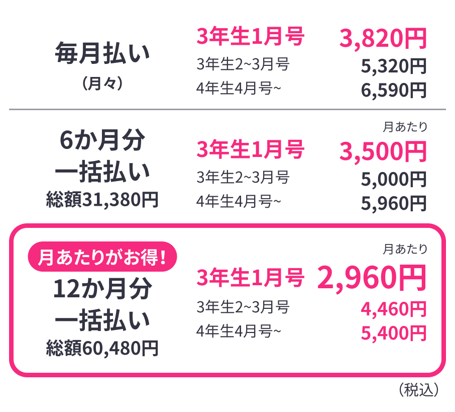 毎月払い月々3,820円　6ヵ月分一括払い　月あたり3,500円　毎月払いより410円お得　12ヵ月分一括払い　月あたり2,960円　毎月払いより860円お得