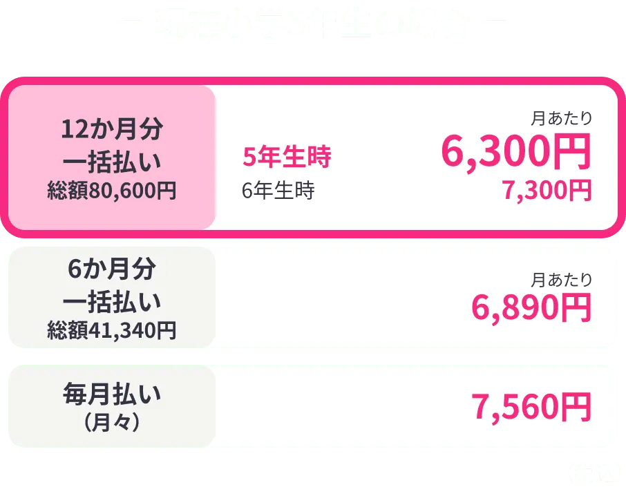 現在小学5年生の場合 12か月分一括払い 総額79,600円 5年生時 月あたり6,300円 6年生時 月あたり7,300円 6か月分一括払い 総額41,340円 月あたり 6,890円 毎月払い（月々）7,560円（税込）