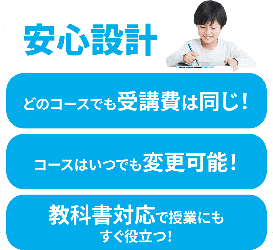 安心設計　どのコースでも受講費は同じ！/どのコースでも丁寧な解説つき！/コースはいつでも変更可能！