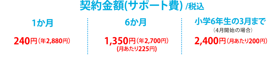 サポート費（契約期間：契約料金/税込・消費税率10％）1か月：240円（年2,880円） 6か月：1,350円（年2,700円） 12か月：2,400円