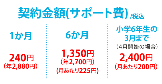 サポート費（契約期間：契約料金/税込・消費税率10％）1か月：240円（年2,880円） 6か月：1,350円（年2,700円） 12か月：2,400円
